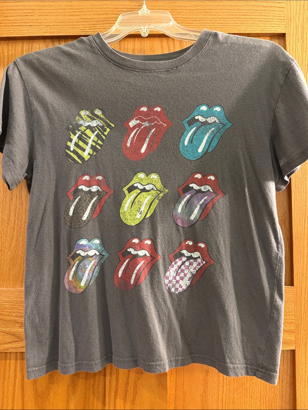 the Rolling Stones Gray Short Sleeve Tee with Multicolor Tongue Grid